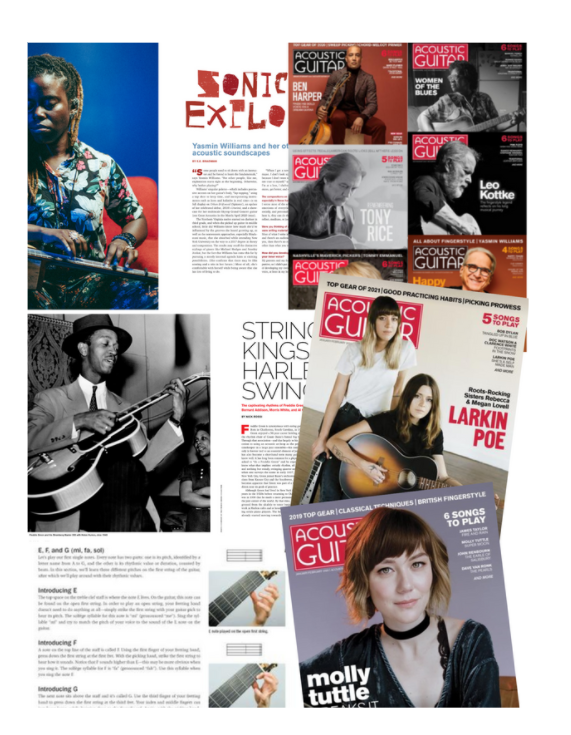 collage of Acoustic Guitar magazine covers and spreads featuring Molly Tuttle, Larkin Poe, Ben Harper, Tony Rice, and more