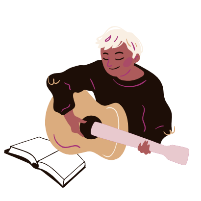 colorful illustration of mature person playing an acoustic guitar with a book spread open in front of them